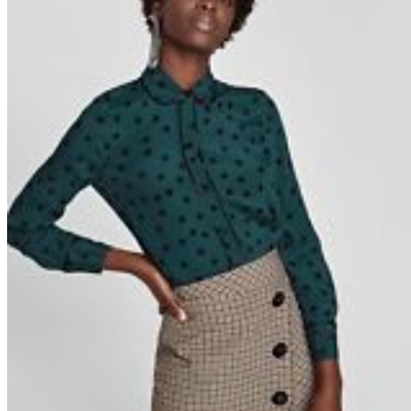 Zara Tops | Zara Green Black Polka Dot 